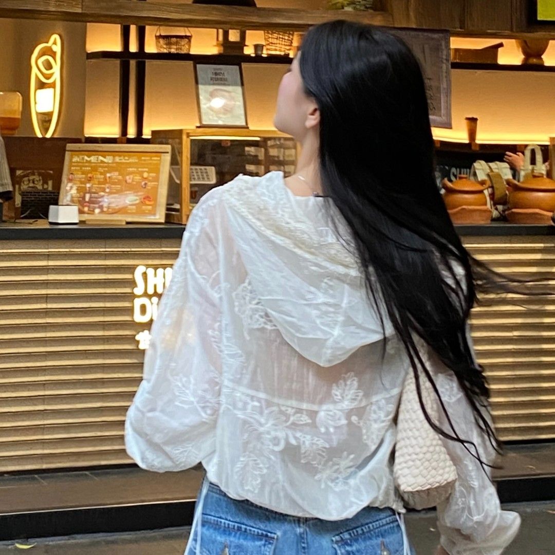 法式蕾絲花邊連帽防曬外套女夏薄款寬松小眾雪紡上衣
