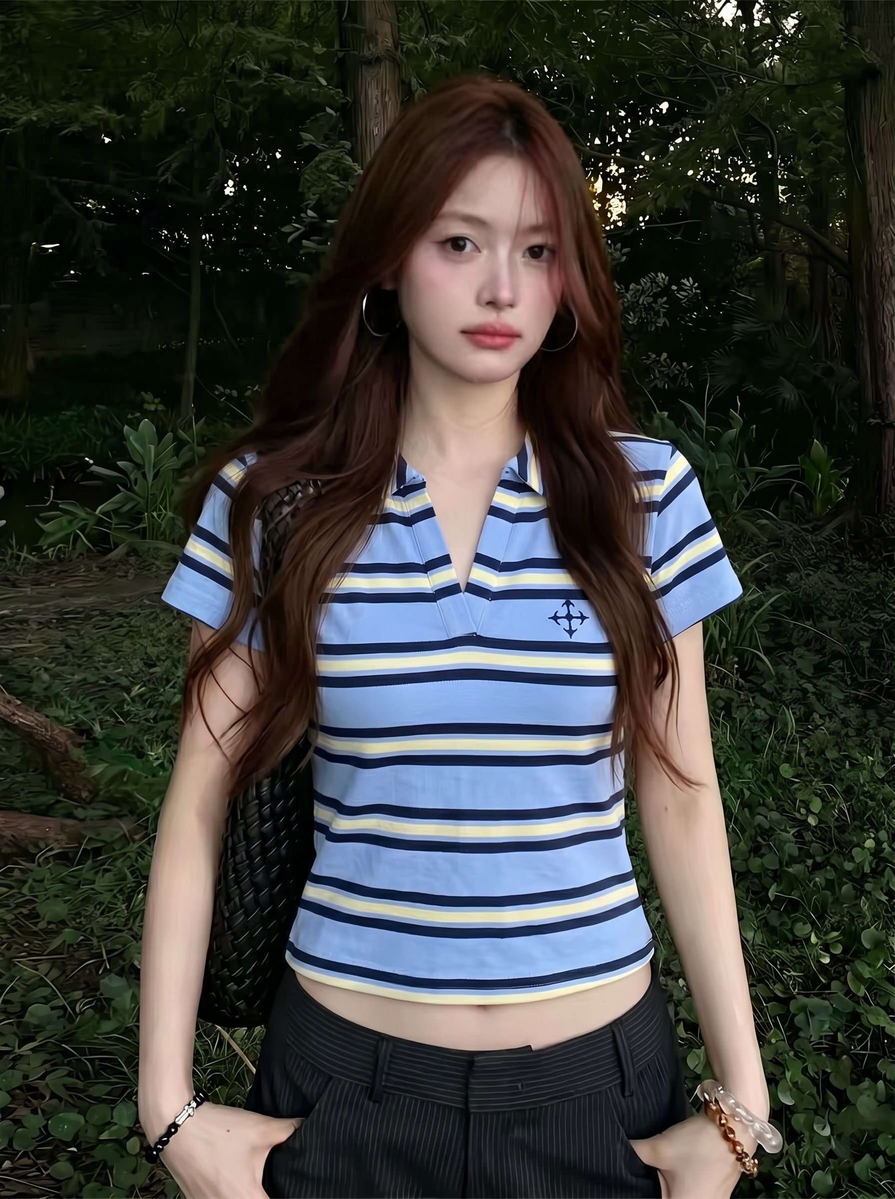 藍黃條紋 V 領 Polo 領短袖 T 恤女夏季韓系修身顯瘦百搭短款上衣