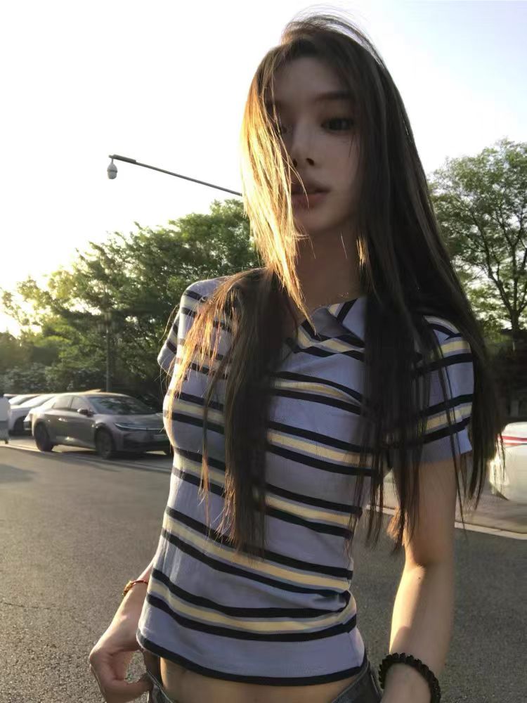 美式條紋 V 領 Polo 領短袖 T 恤女夏季韓系修身顯瘦百搭短款上衣