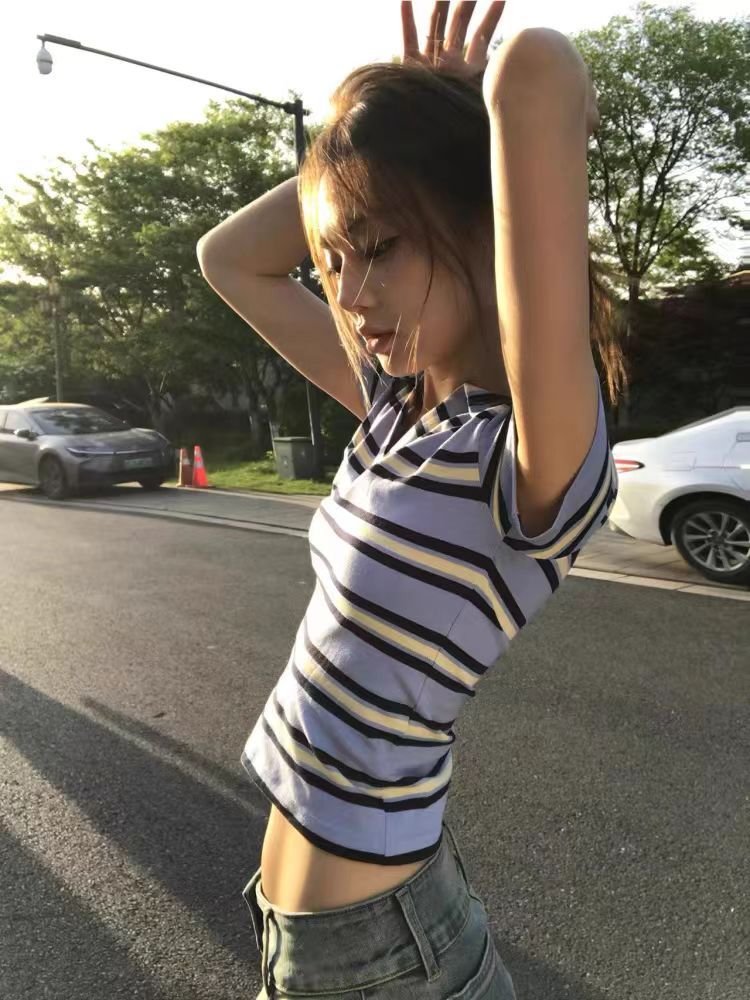 美式條紋 V 領 Polo 領短袖 T 恤女夏季韓系修身顯瘦百搭短款上衣