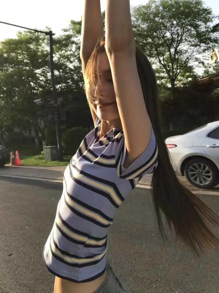 美式條紋 V 領 Polo 領短袖 T 恤女夏季韓系修身顯瘦百搭短款上衣