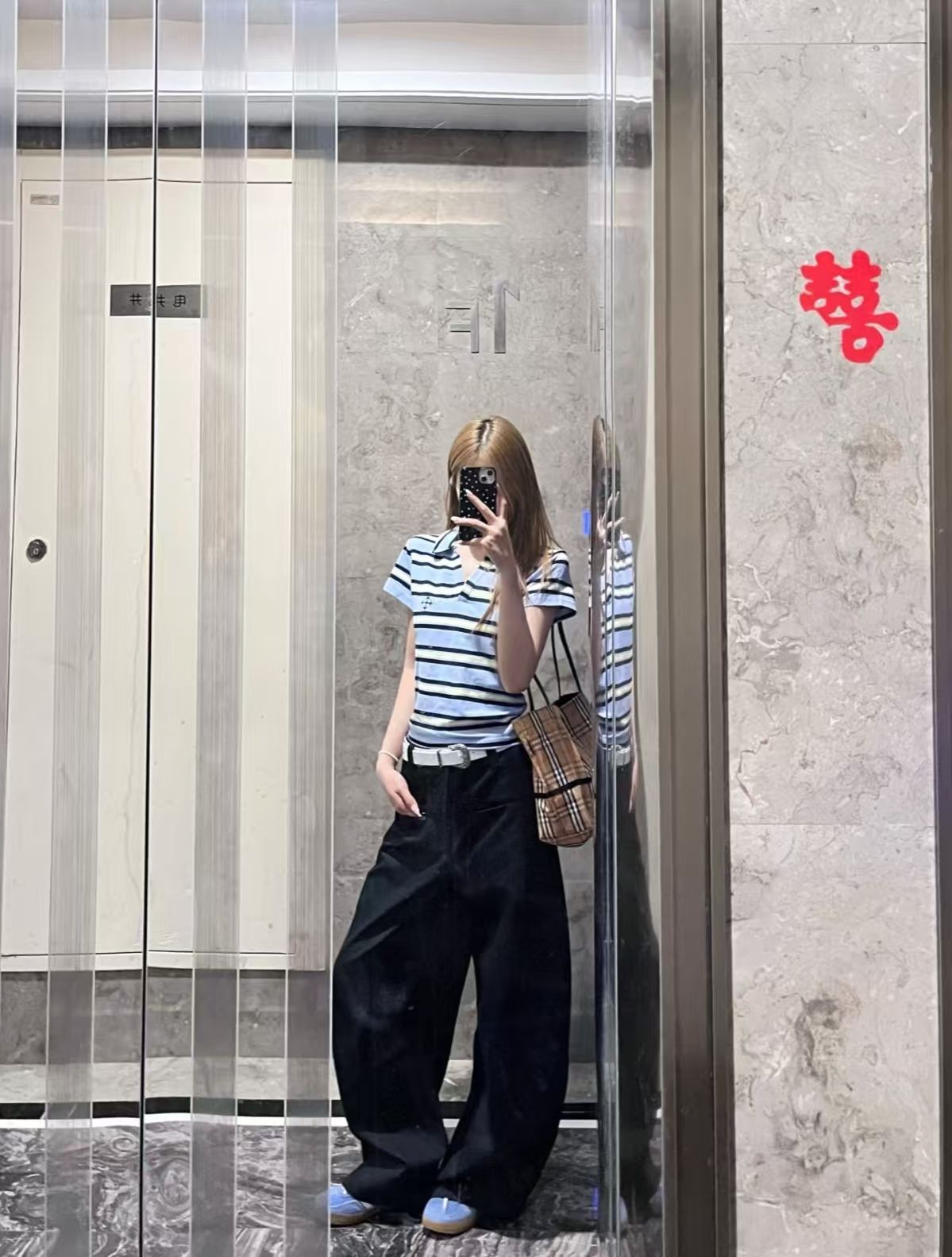 復古條紋 V 領 Polo 領短袖 T 恤女夏季韓系修身顯瘦百搭短款上衣