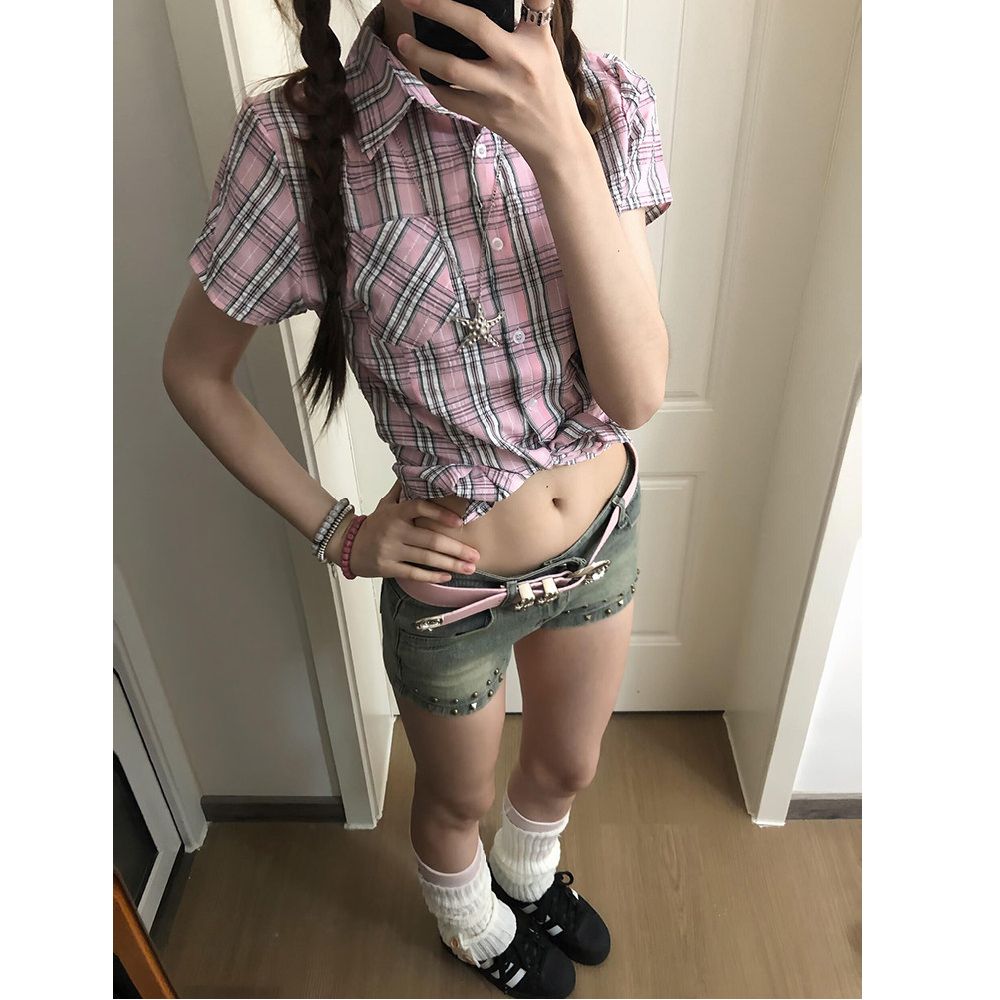 學院風polo領正肩格紋短袖襯衫女夏季設計感收腰短款修身襯衣