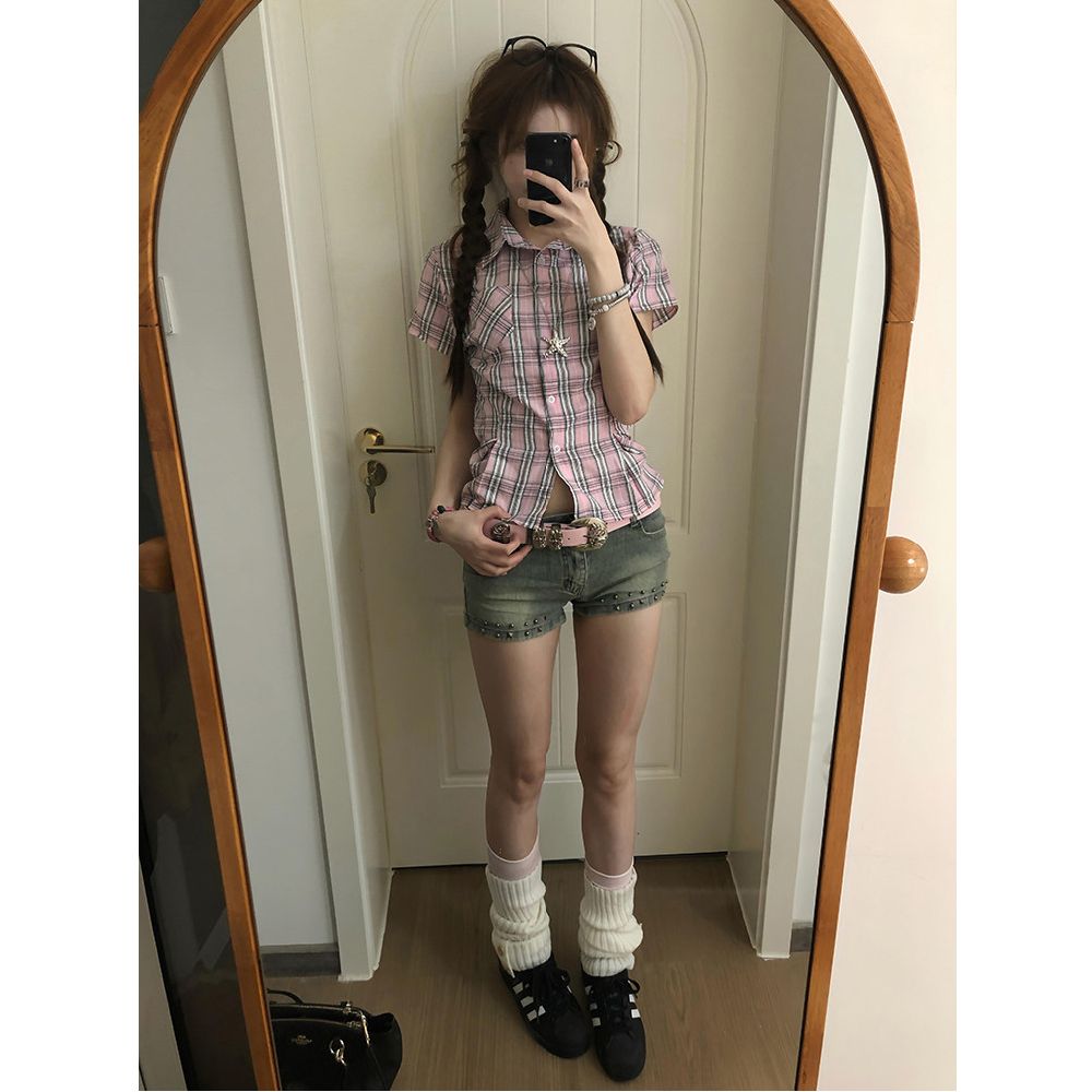 學院風polo領正肩格紋短袖襯衫女夏季設計感收腰短款修身襯衣