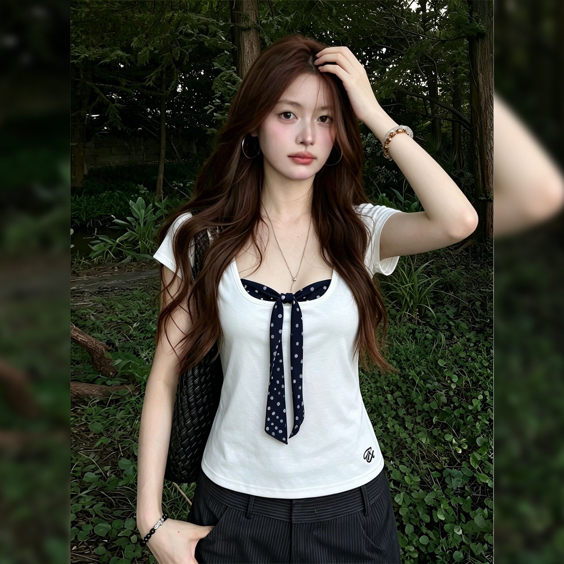 白色波點蝴蝶結裝飾短袖 T 恤女夏季韓系修身顯瘦百搭短款上衣