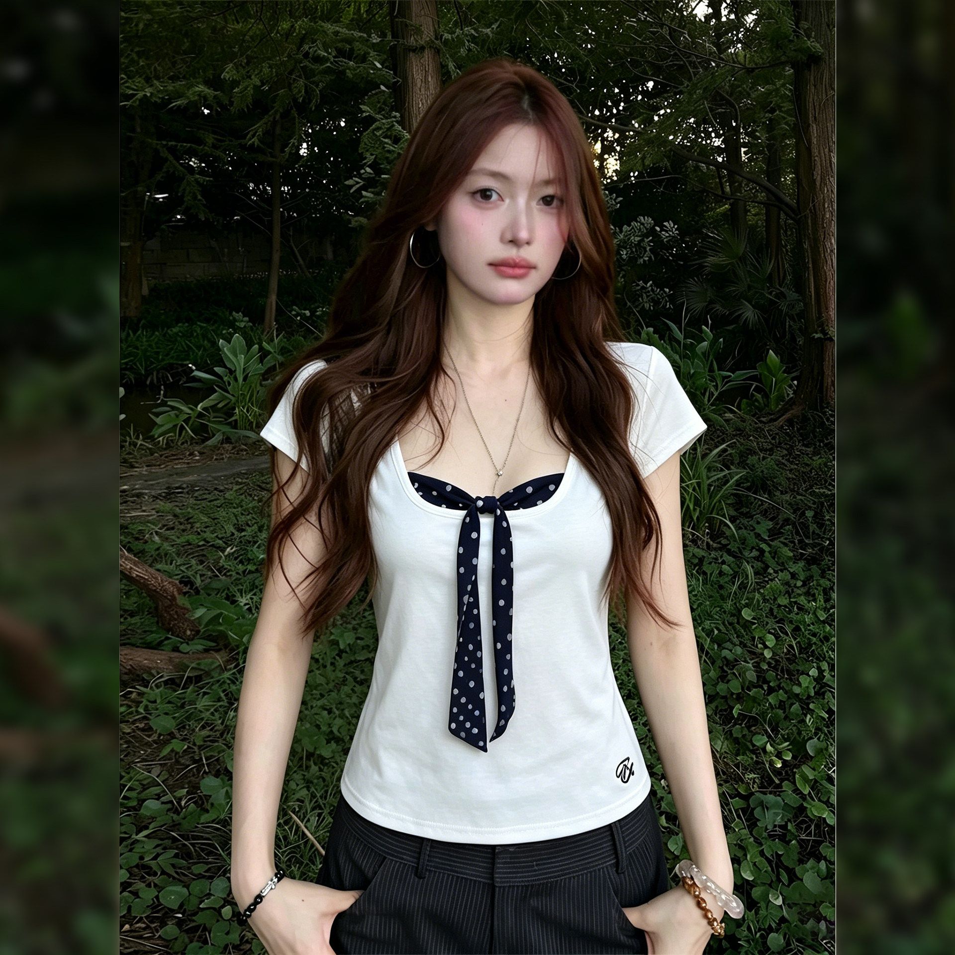 白色波點蝴蝶結裝飾短袖 T 恤女夏季韓系修身顯瘦百搭短款上衣