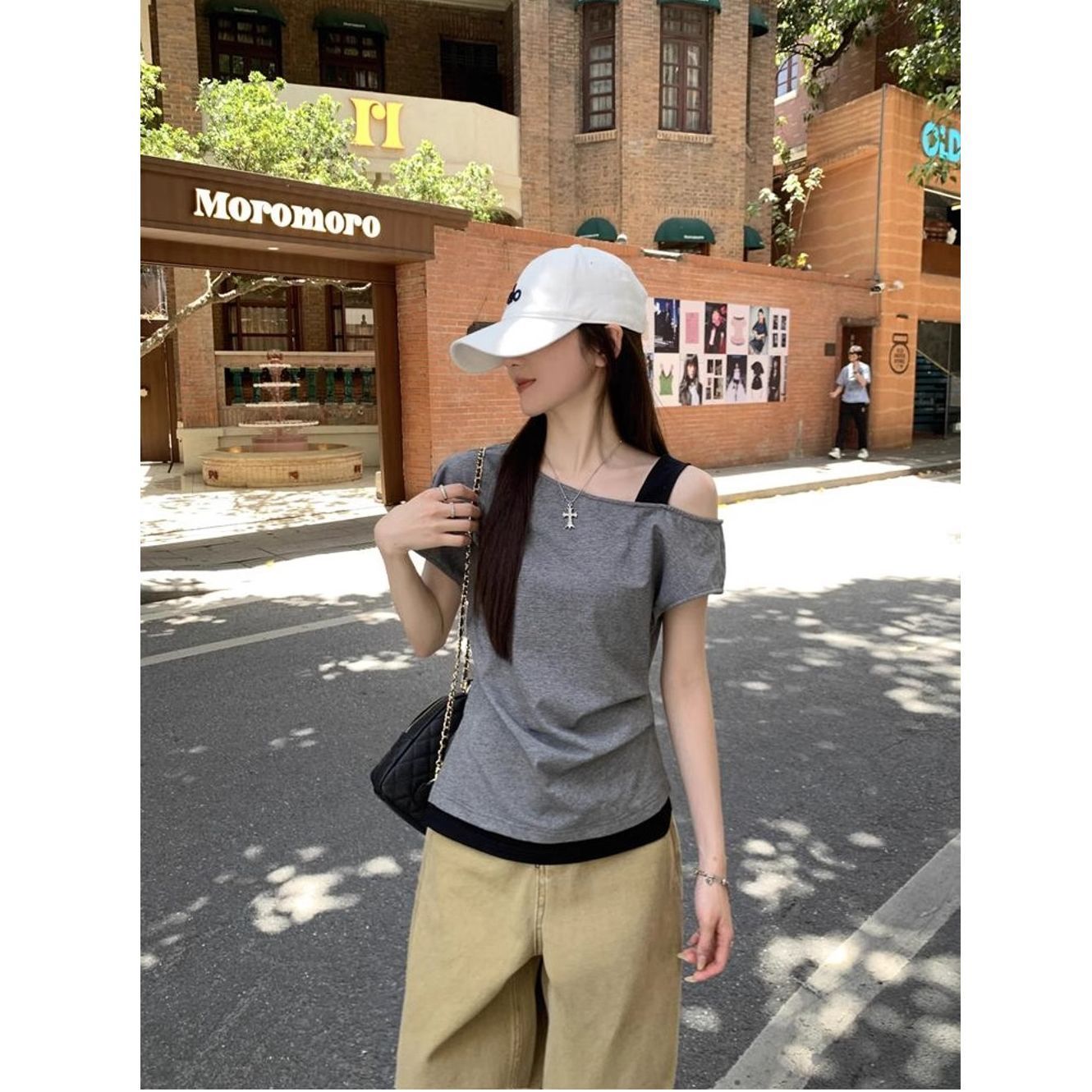 假兩件斜肩領設計感短袖T恤女裝2026年夏季新款甜美顯瘦上衣