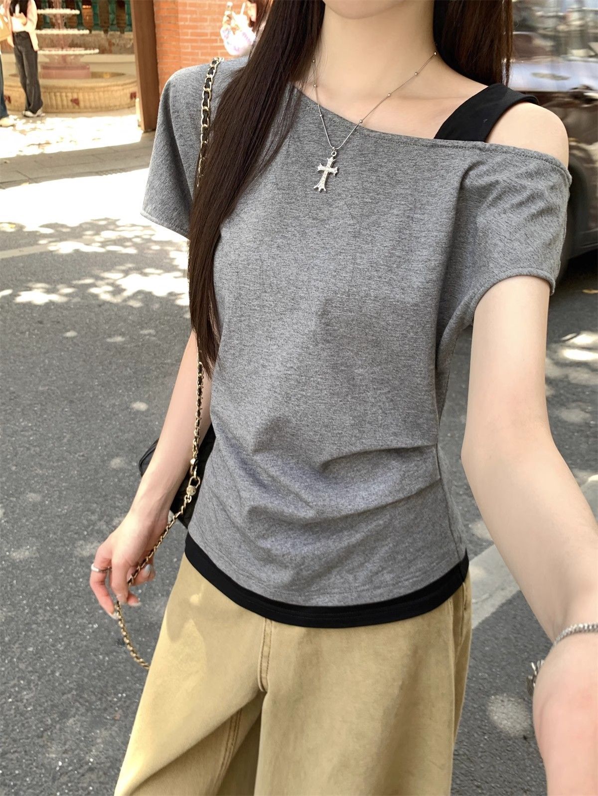 假兩件斜肩領設計感短袖T恤女裝2026年夏季新款甜美顯瘦上衣