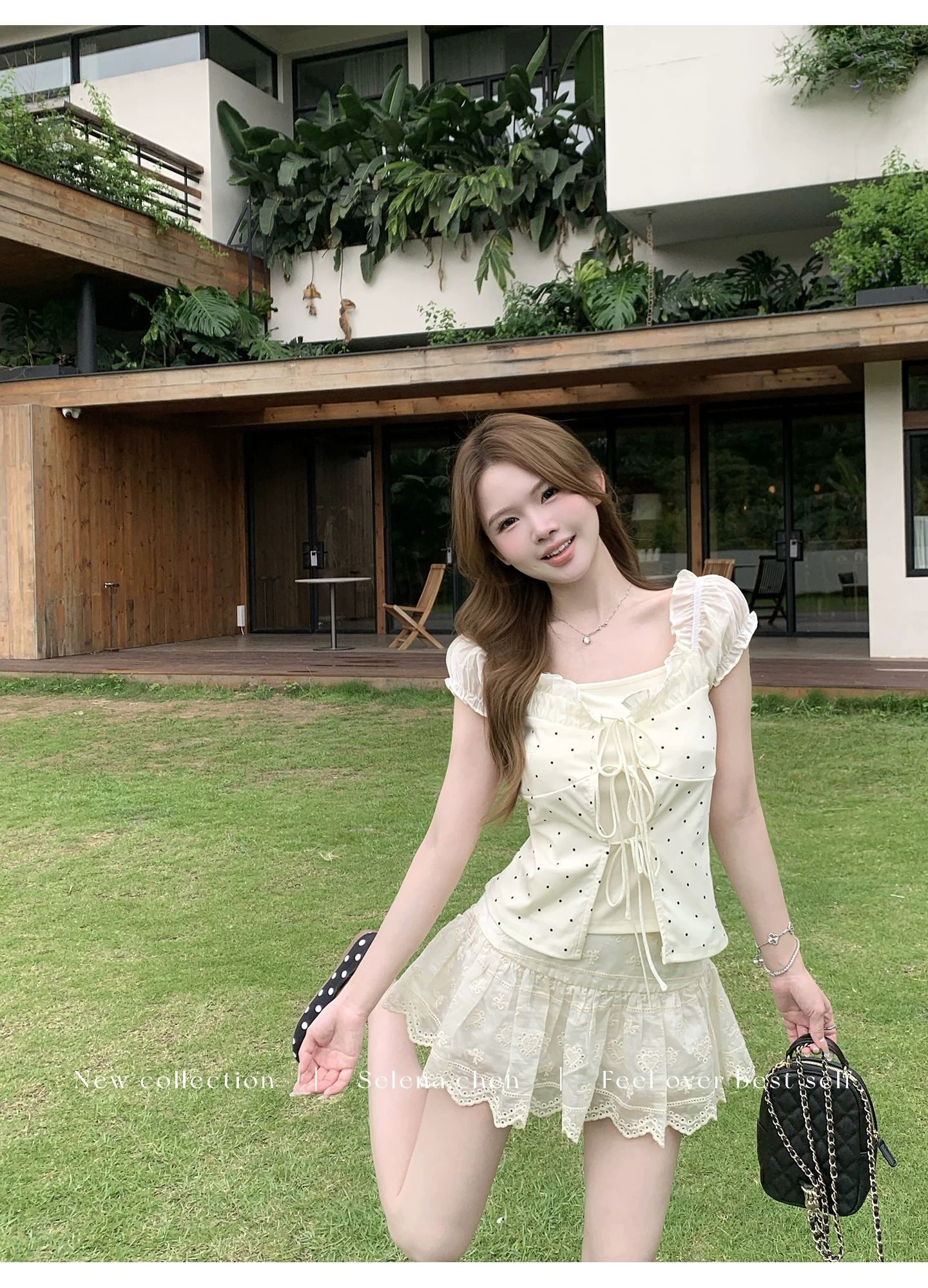 溫柔風波點蕾絲掛脖泡泡袖短款上衣女夏季修身顯瘦百搭小衫