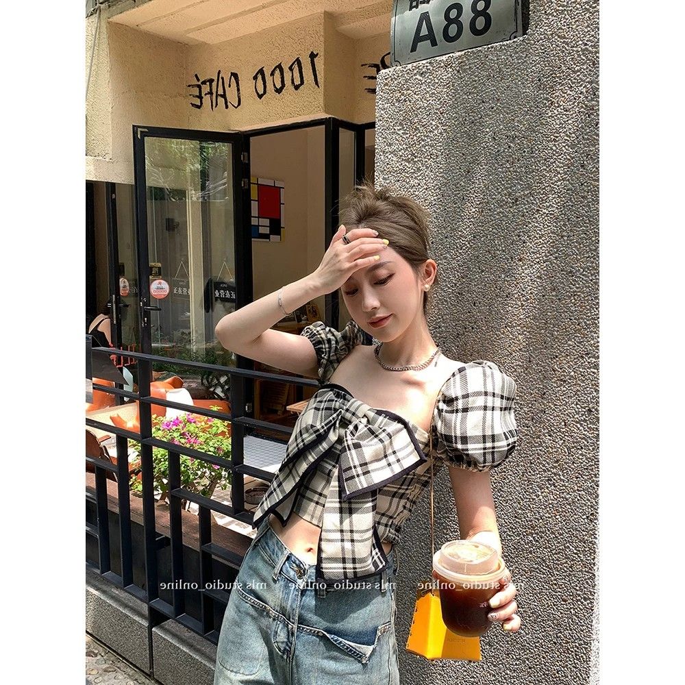 夏季新款格子蝴蝶結襯衫設計感小眾性感辣妹短袖上衣女裝