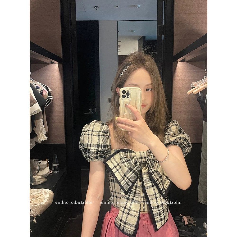 夏季新款格子蝴蝶結襯衫設計感小眾性感辣妹短袖上衣女裝