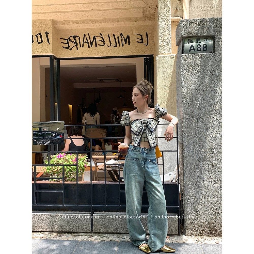 夏季新款格子蝴蝶結襯衫設計感小眾性感辣妹短袖上衣女裝