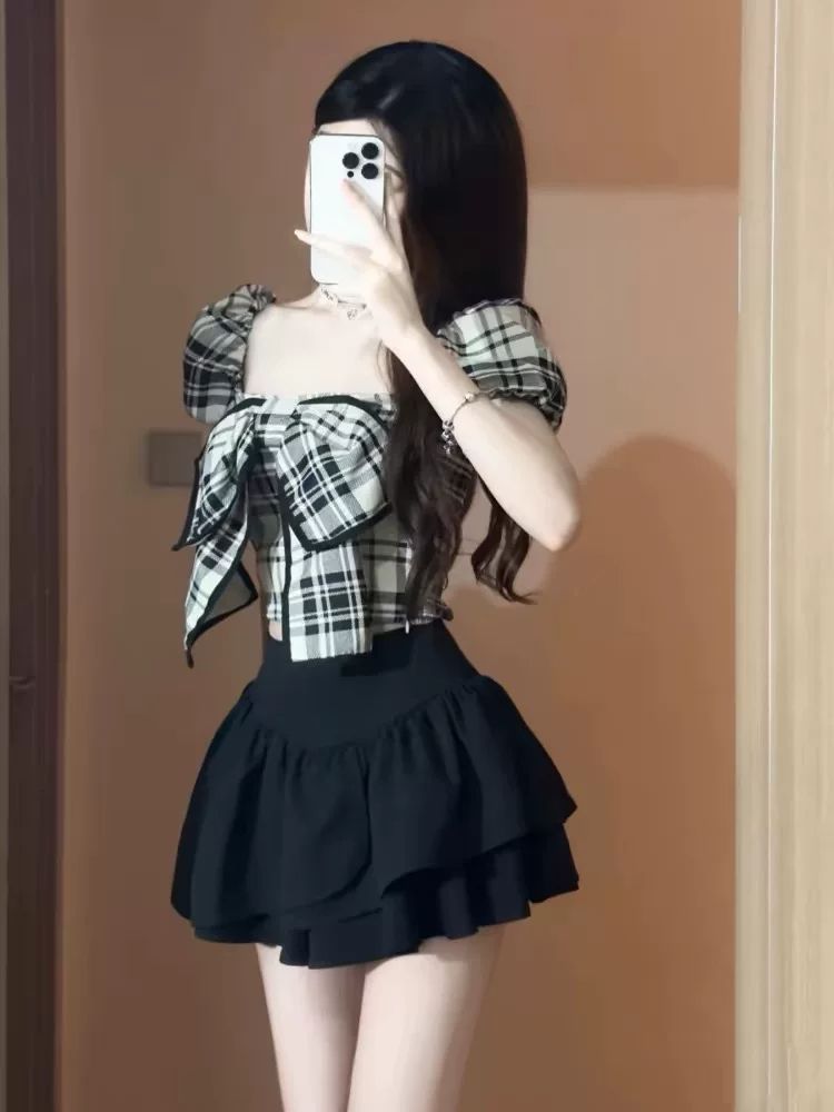 甜辣風夏季新款格子蝴蝶結襯衫設計感小眾性感辣妹短袖上衣女裝