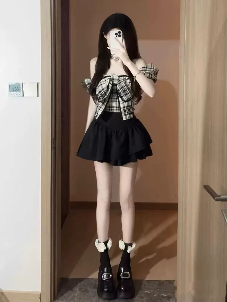 甜辣風夏季新款格子蝴蝶結襯衫設計感小眾性感辣妹短袖上衣女裝