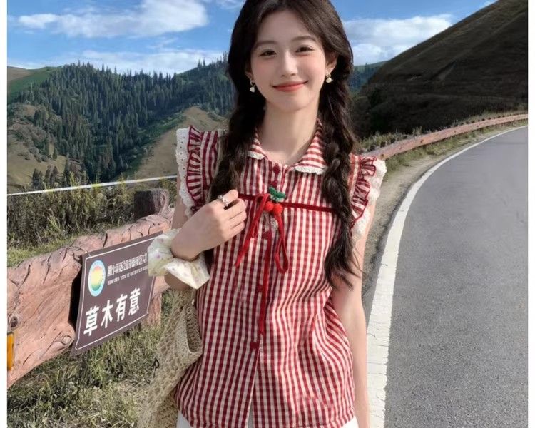 夏季韓系格子襯衫女設計感蕾絲花邊蝴蝶結小飛袖襯衫女