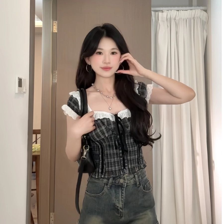 法式復古撞色格紋方領短袖襯衫女夏季減齡修身短款上衣