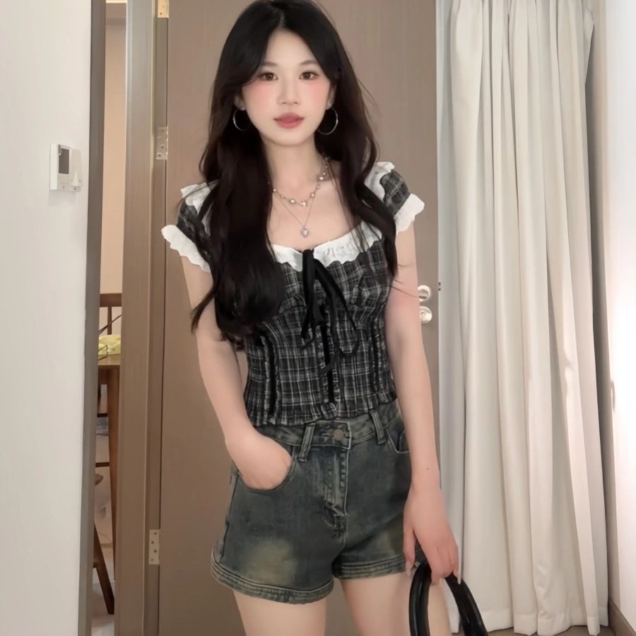 法式復古撞色格紋方領短袖襯衫女夏季減齡修身短款上衣