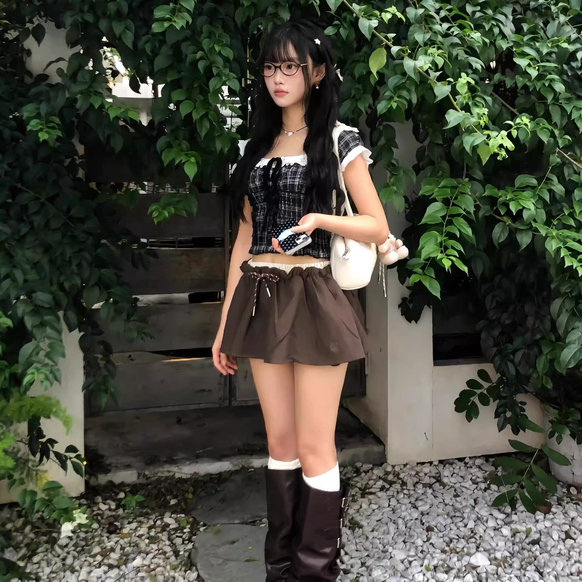 復古風方領格子花邊拼接短袖女夏季優雅收腰顯瘦氣質上衣