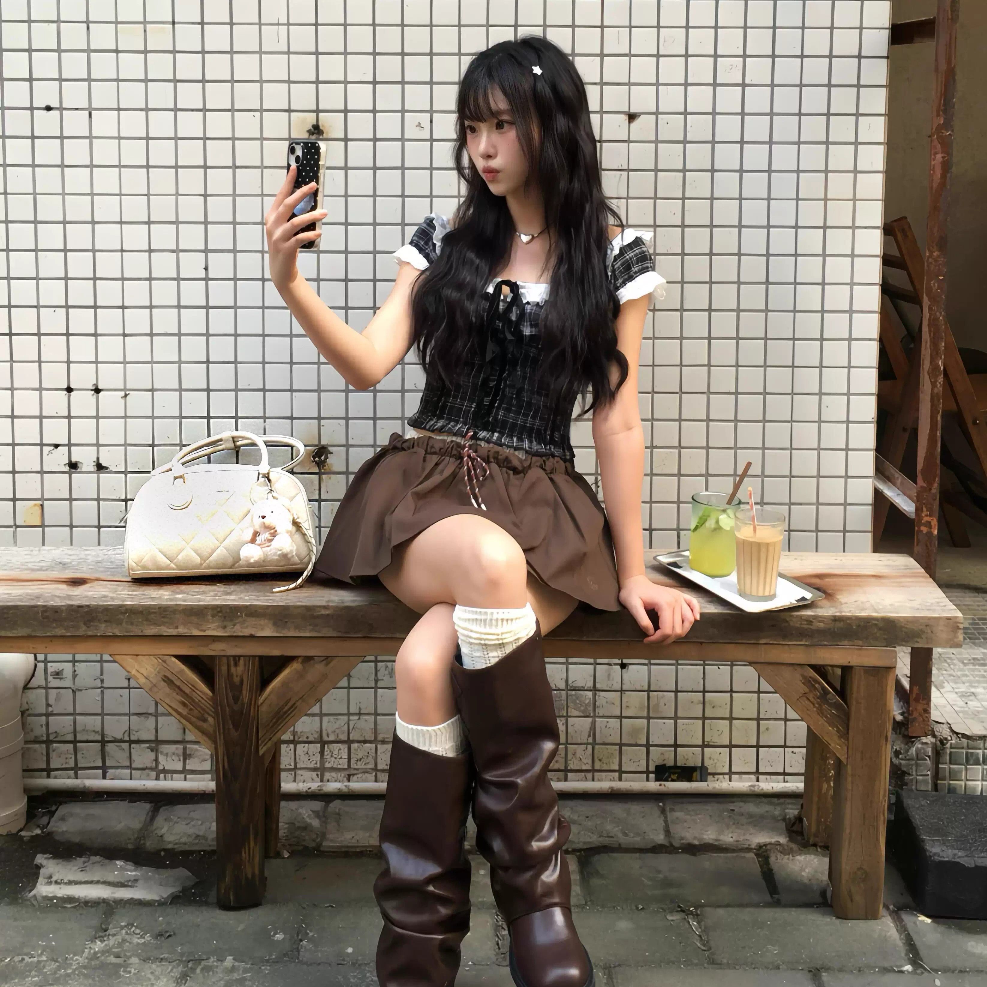 復古風方領格子花邊拼接短袖女夏季優雅收腰顯瘦氣質上衣