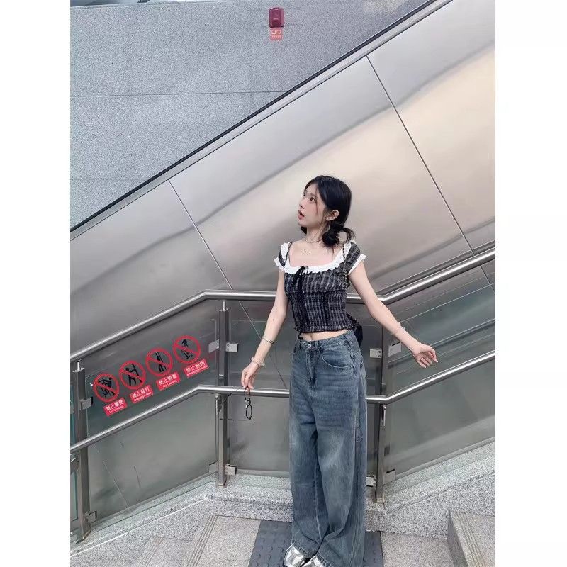 方領格紋花邊短袖女夏季2026新款收腰顯瘦設計感氣質辣妹上衣