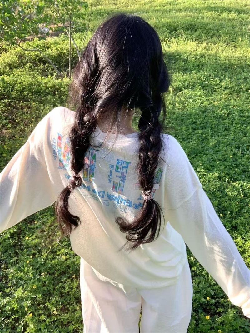 彩色花朵印花薄款長袖T恤女夏季韓系休閑風寬松顯瘦防曬上衣