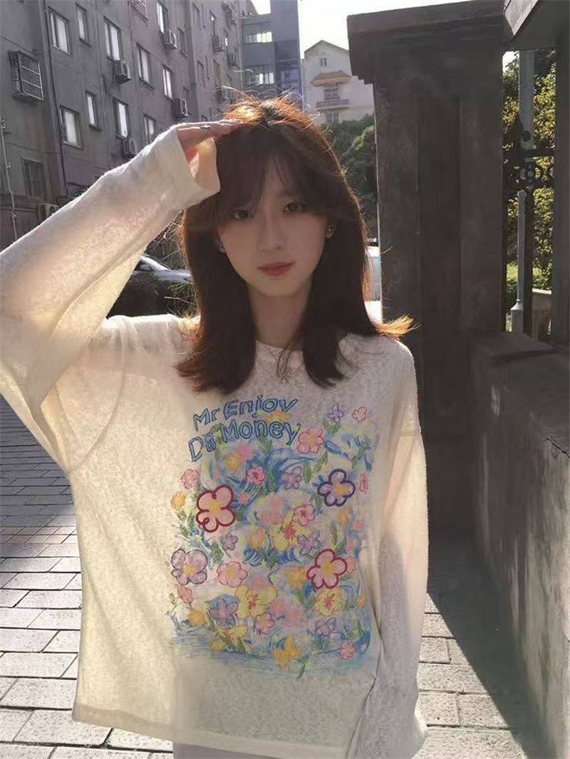 甜美風彩色花朵印花薄款長袖T恤女夏季韓系休閑風寬松防曬上衣