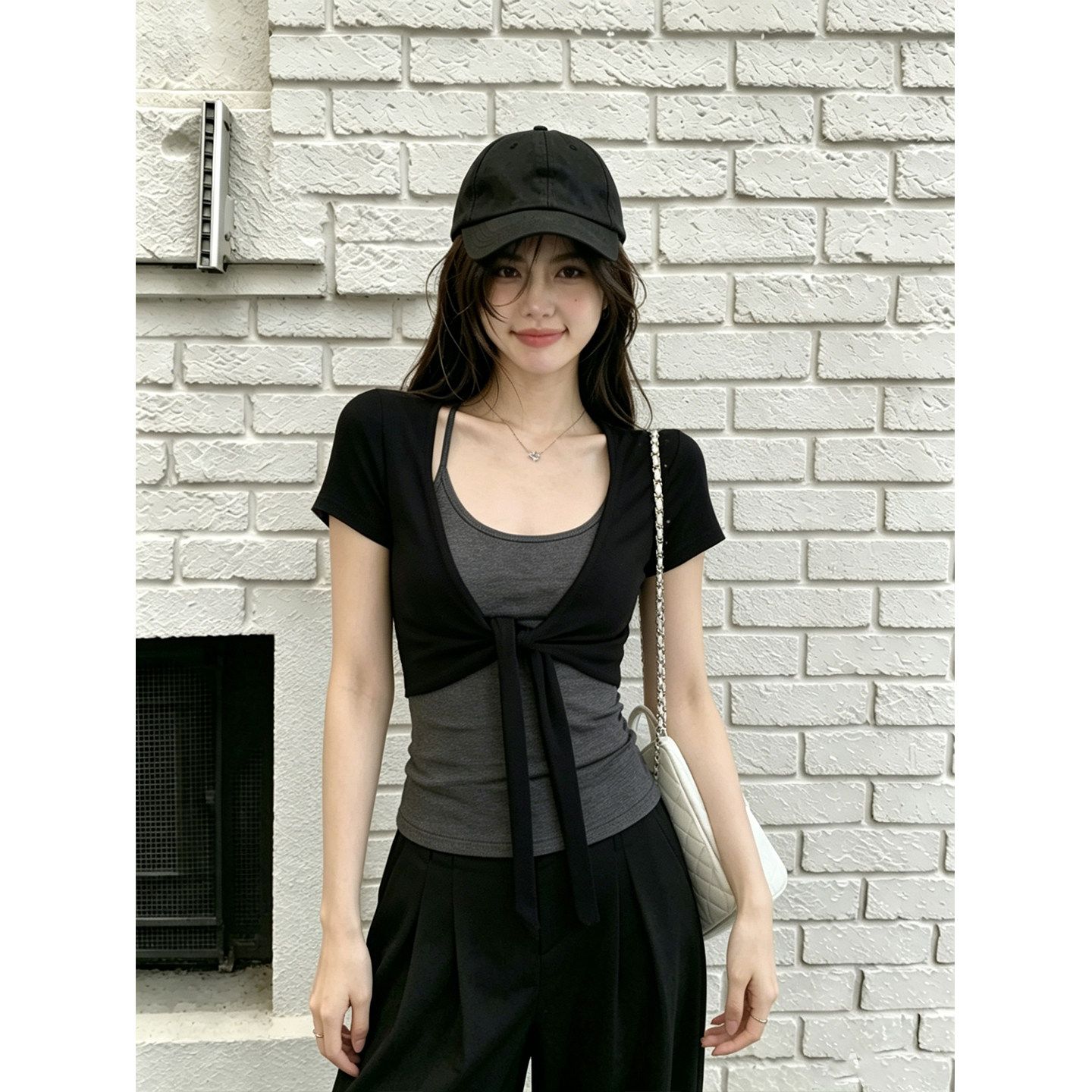 黑色綁帶短款開衫灰色吊帶背心兩件套女夏季韓系純欲風修身顯瘦