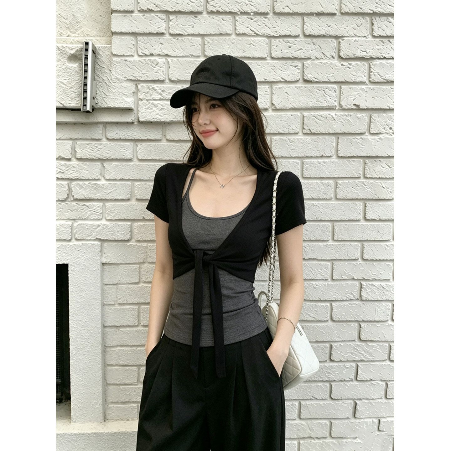 黑色綁帶短款開衫灰色吊帶背心兩件套女夏季韓系純欲風修身顯瘦