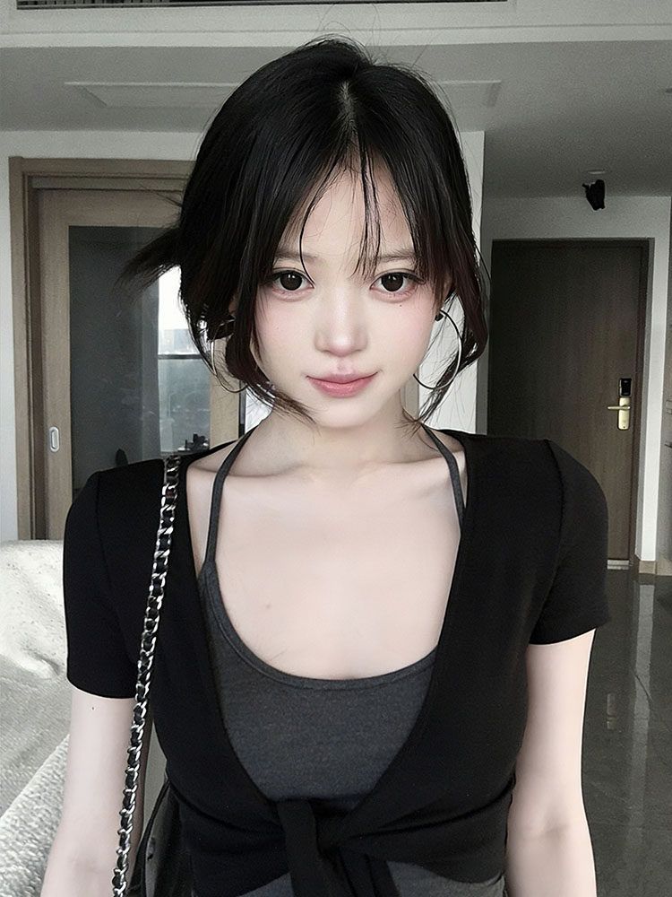 美式綁帶短款開衫灰色吊帶背心兩件套女夏季韓系純欲風修身顯瘦