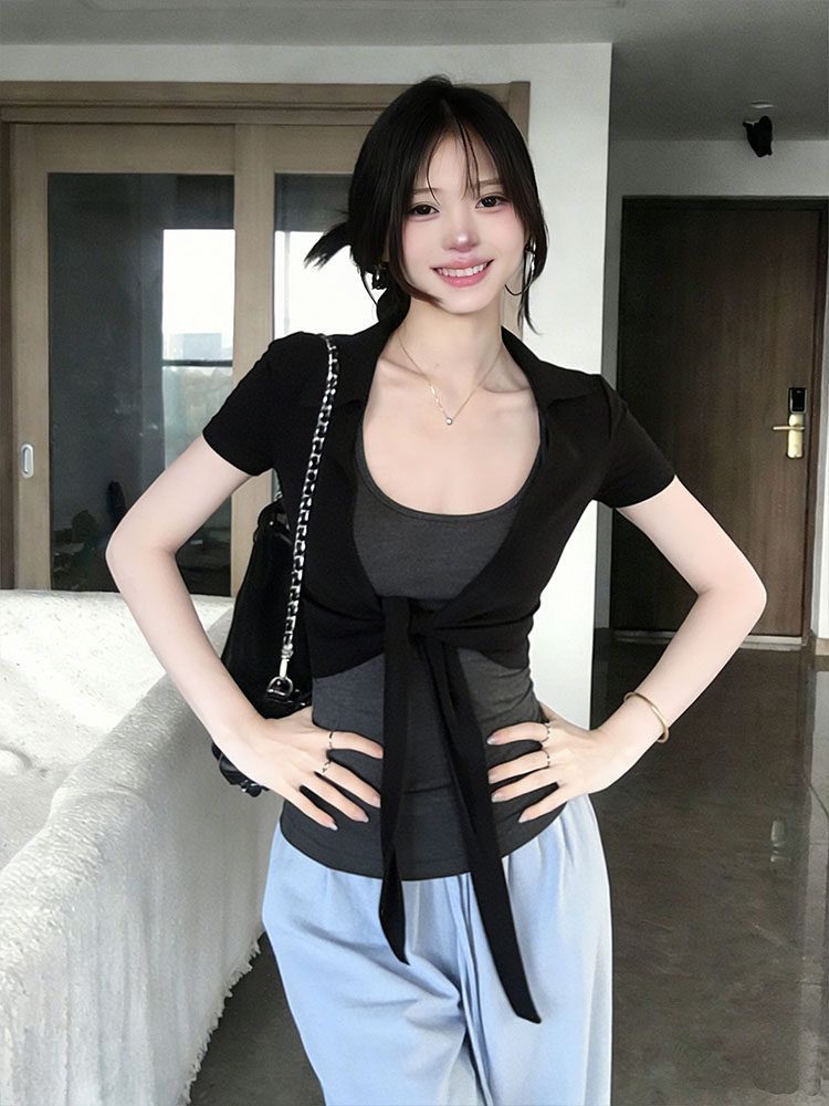 美式綁帶短款開衫灰色吊帶背心兩件套女夏季韓系純欲風修身顯瘦