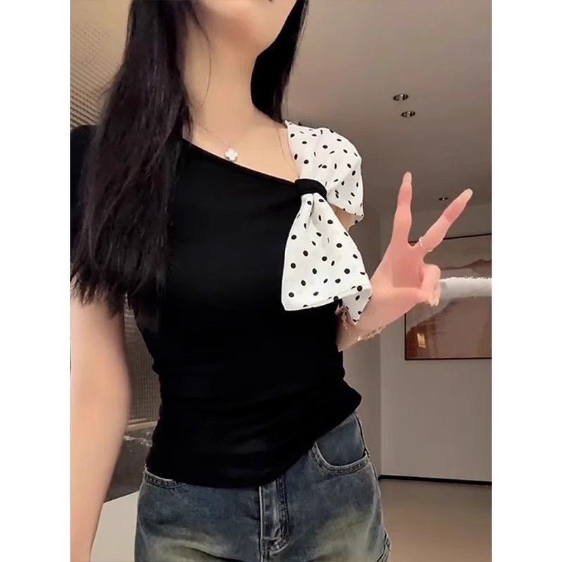 黑色波點蝴蝶結拼接短袖 T 恤女夏季純欲風修身顯瘦百搭短款上衣