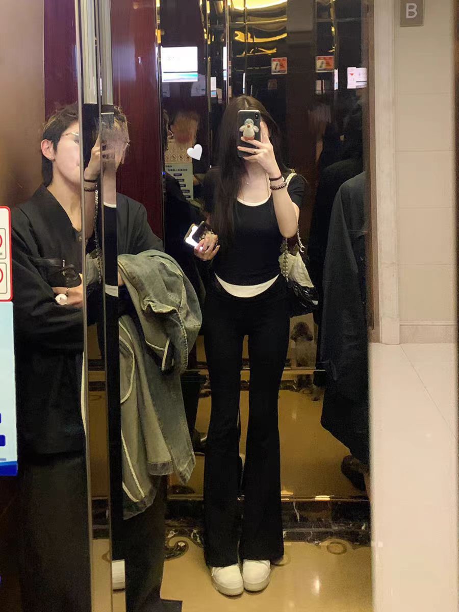 純欲辣妹風假兩件時尚拼接U領短袖T恤女港味不規則體恤上衣