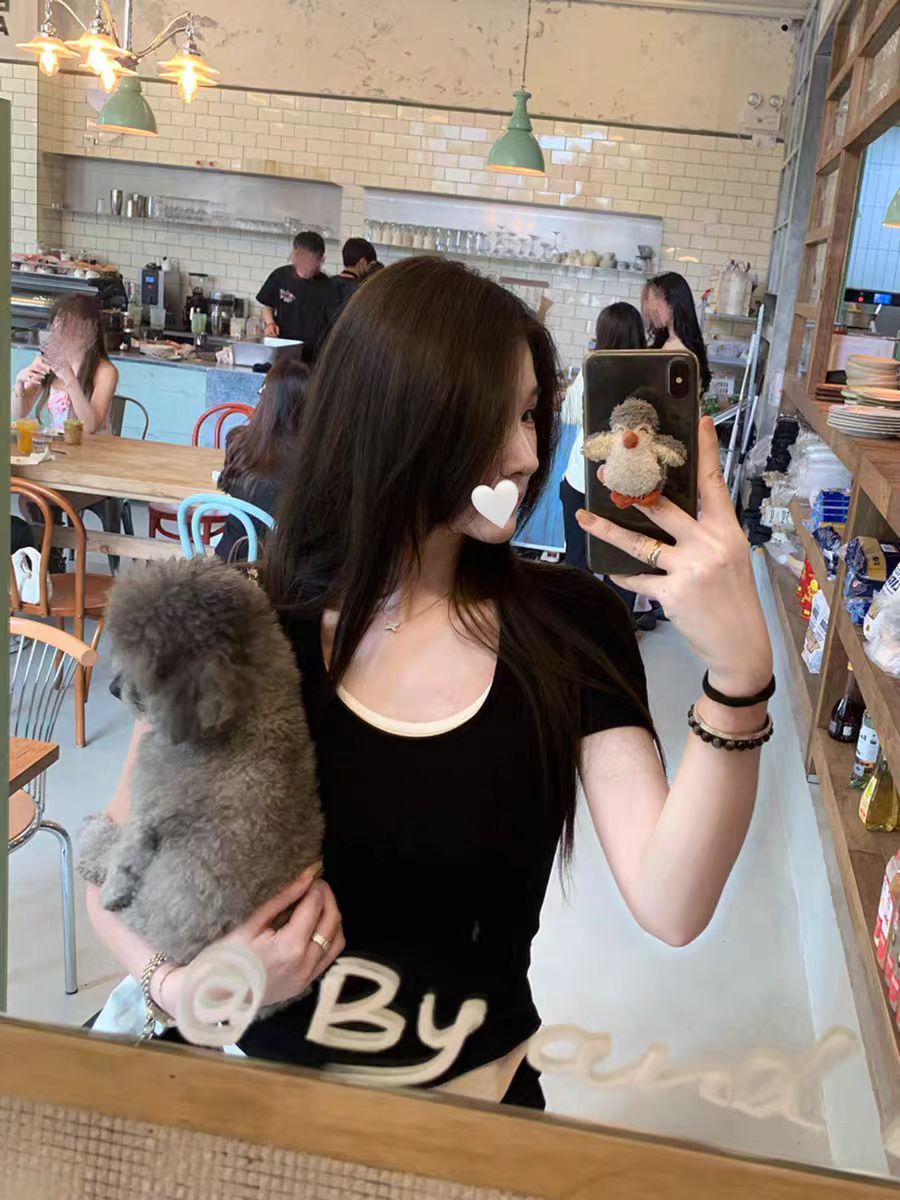 純欲辣妹風假兩件時尚拼接U領短袖T恤女港味不規則體恤上衣