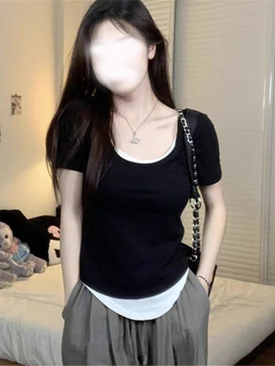 純欲風黑色假兩件時尚拼接U領短袖T恤女港味不規則體恤上衣