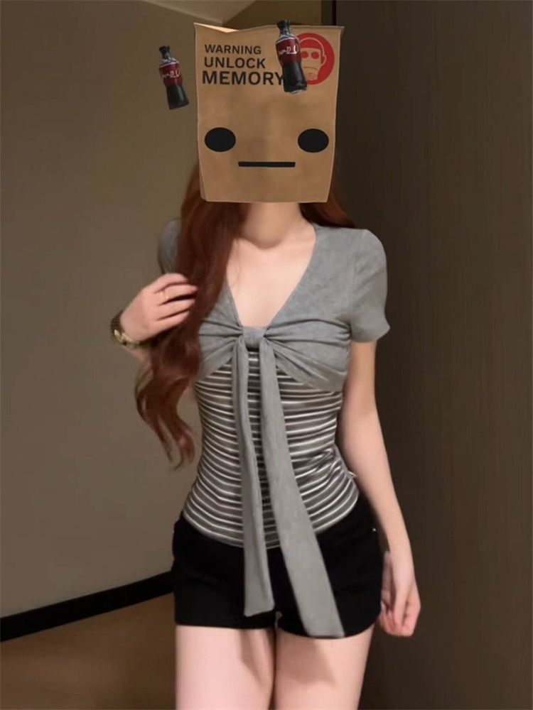 美式條紋拼接假兩件綁帶正肩短袖T恤女夏季修身短款上衣