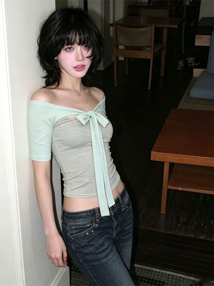 韓系綠色假兩件短袖T恤女夏蝴蝶結修身顯瘦辣妹中袖上衣