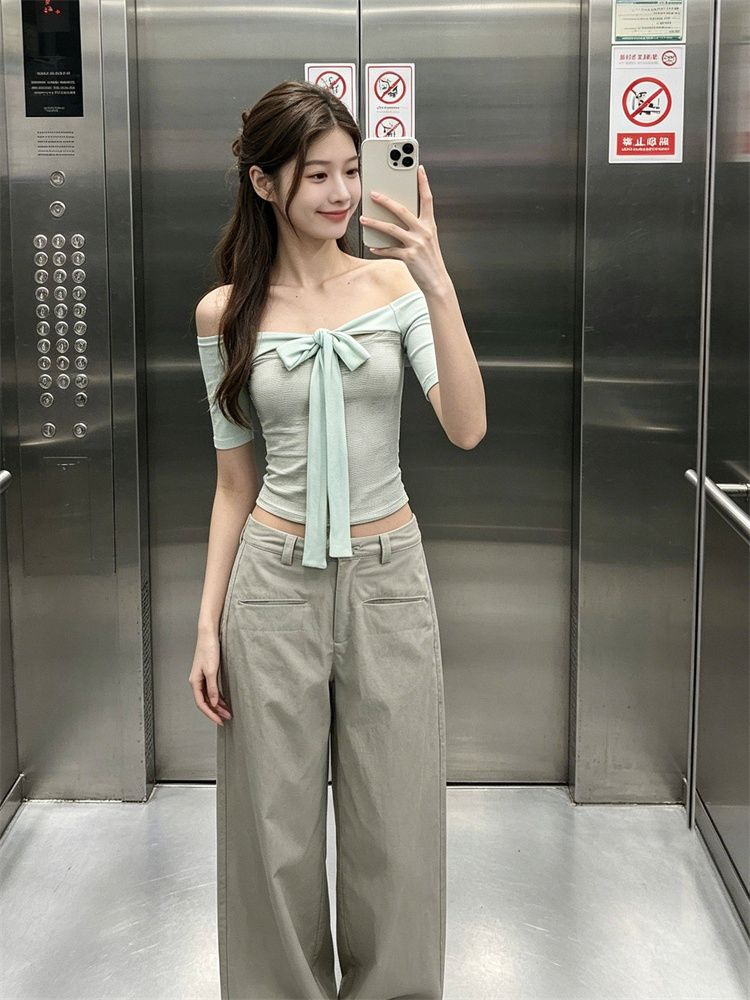 韓系新款女夏季撞色條紋系帶蝴蝶結一字肩中袖上衣潮流