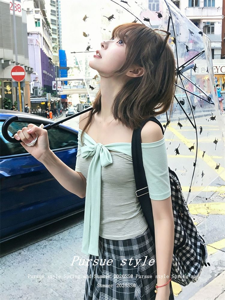 韓系蝴蝶結一字肩中袖t恤女夏季條紋修身顯瘦薄荷綠上衣