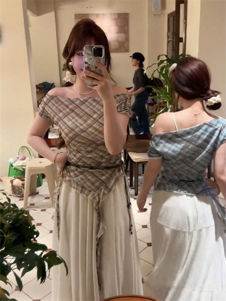 甜辣妹不規則飄帶設計感t恤女夏格子撞色配腰帶無袖上衣服