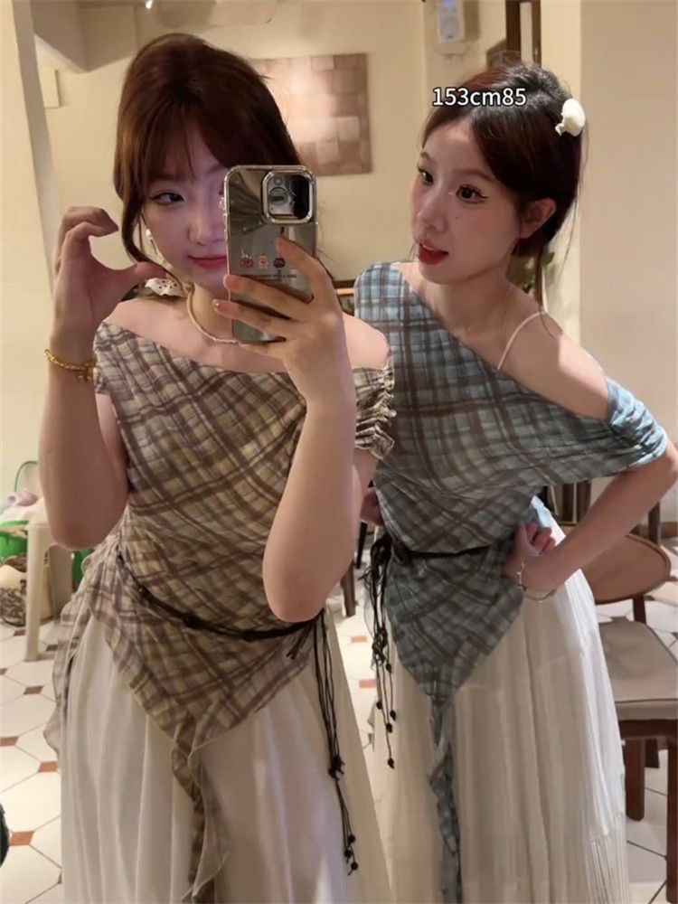 甜辣妹不規則飄帶設計感t恤女夏格子撞色配腰帶無袖上衣服