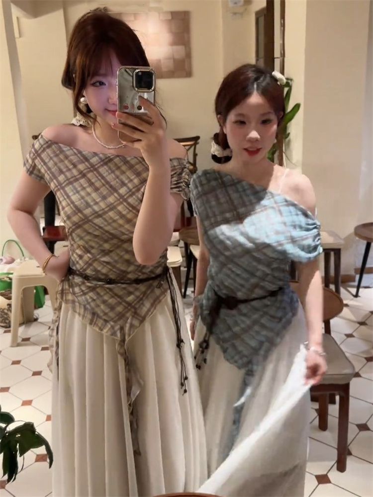 甜辣妹不規則飄帶設計感t恤女夏格子撞色配腰帶無袖上衣服