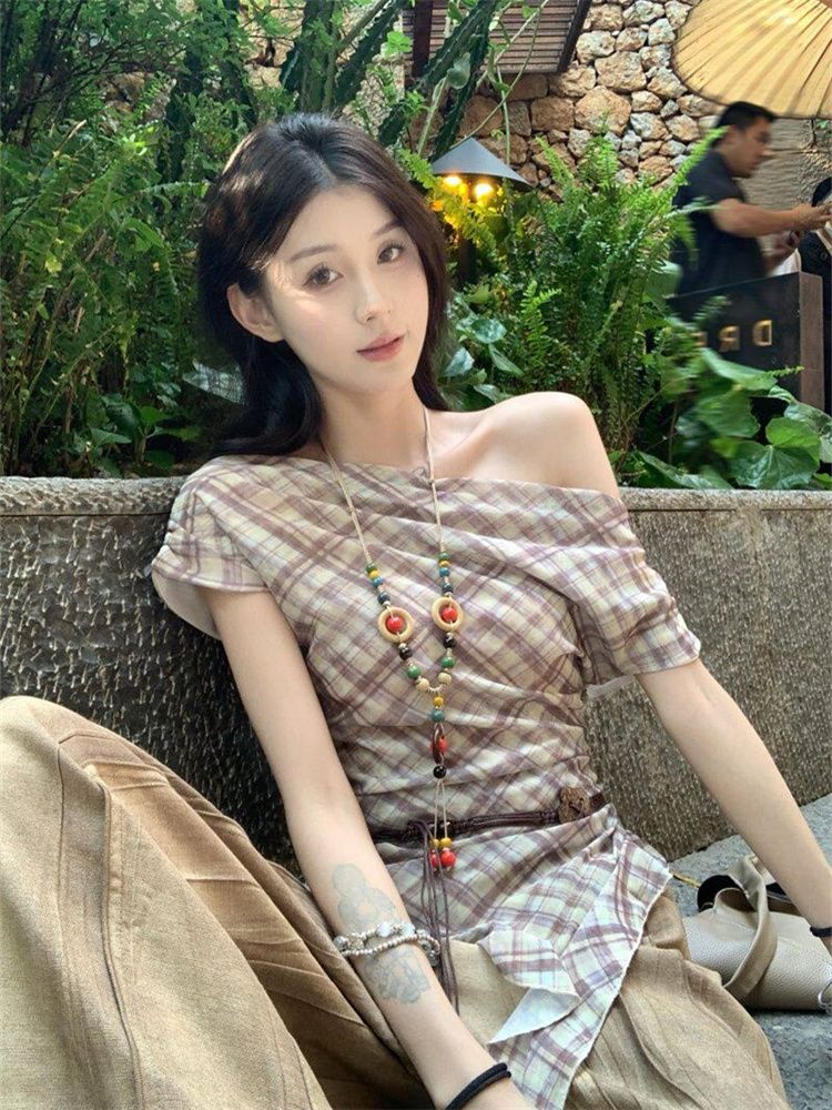 不規則飄帶格子網紗短袖T恤女夏季收腰顯瘦露肩復古上衣