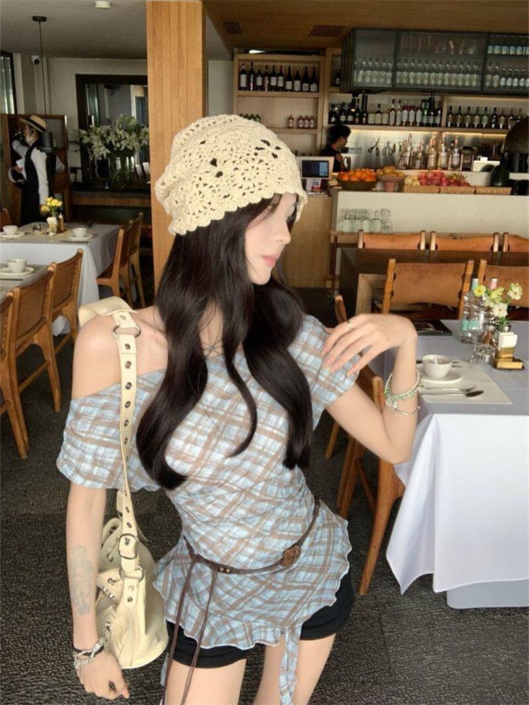 不規則飄帶格子網紗短袖T恤女夏季收腰顯瘦露肩復古上衣