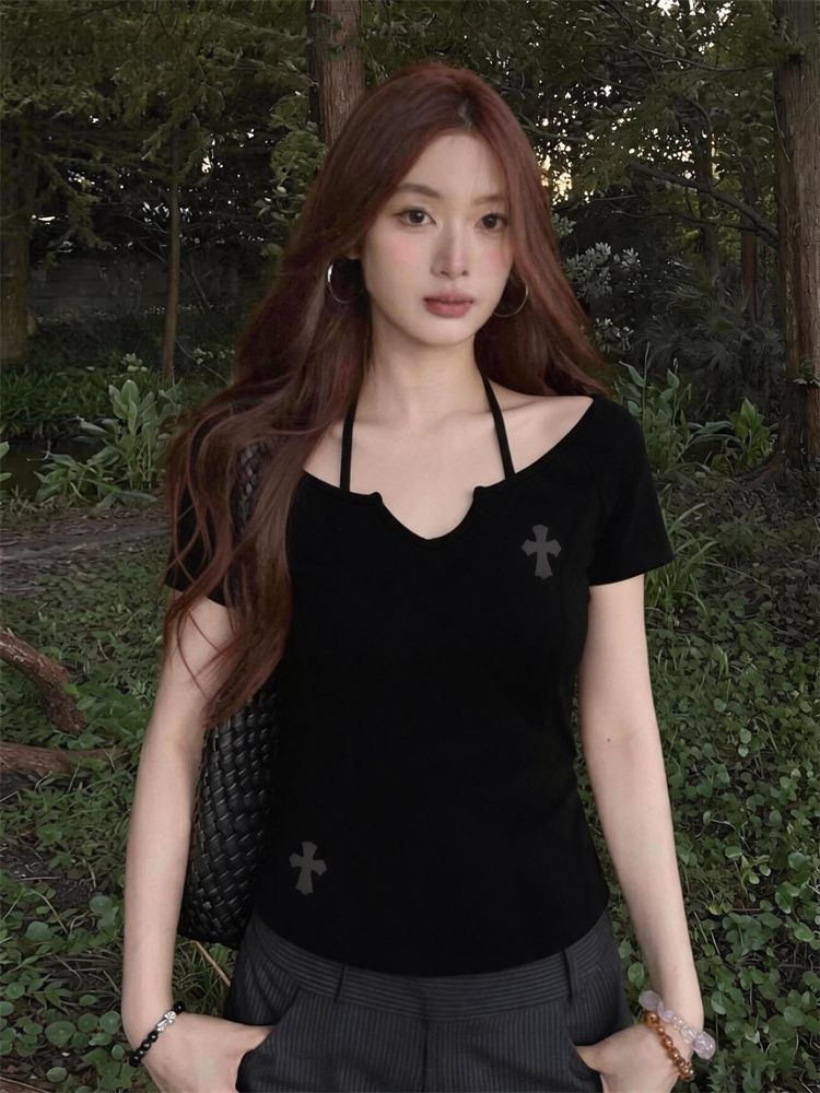 美式辣妹白色正肩掛脖短袖t恤女夏季修身顯瘦設計感上衣
