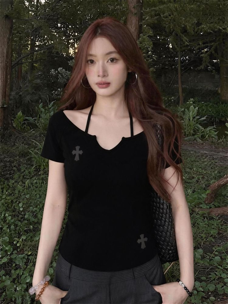 美式辣妹白色正肩掛脖短袖t恤女夏季修身顯瘦設計感上衣