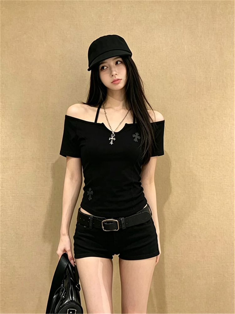 美式復古黑色露肩短袖T恤女夏辣妹修身一字肩綁帶上衣女