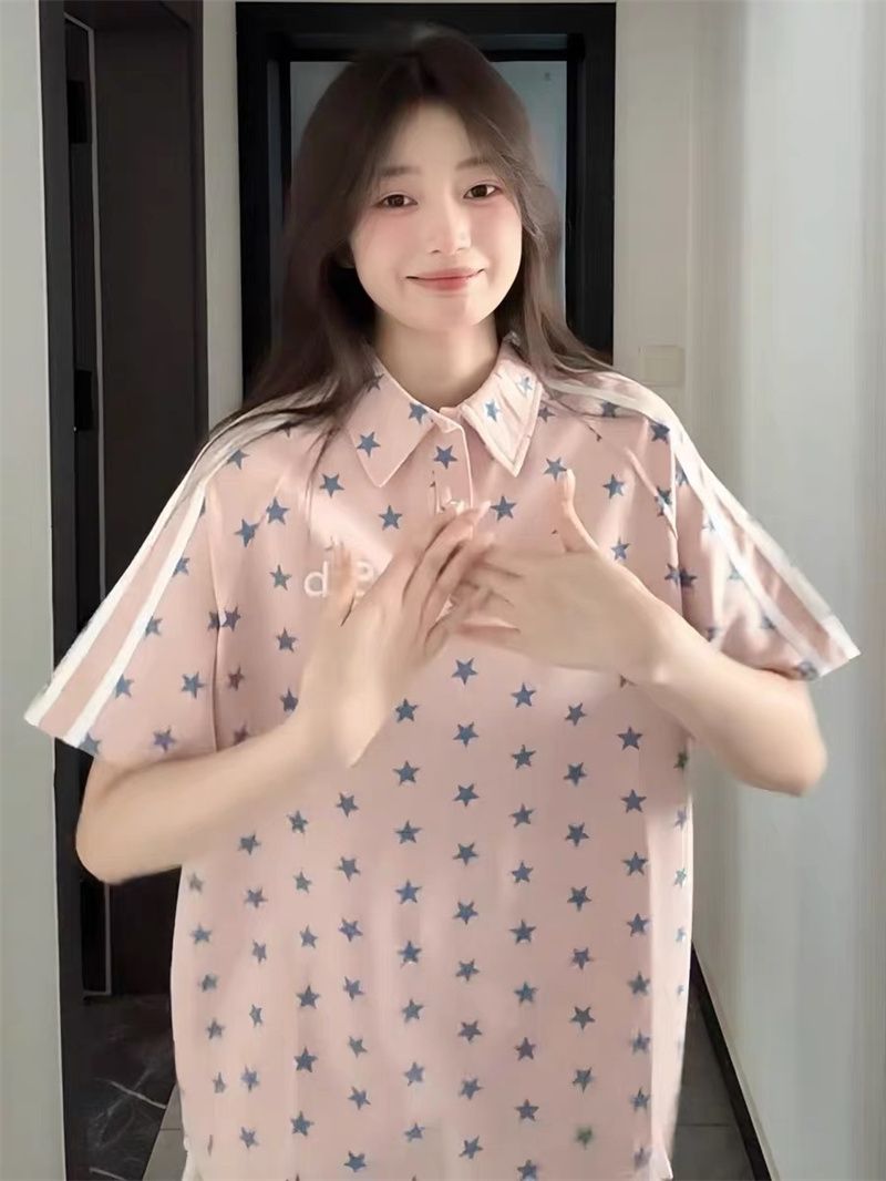 粉色星星印花 Polo 領短袖T恤女夏季韓系休閑風寬松顯瘦百搭上衣