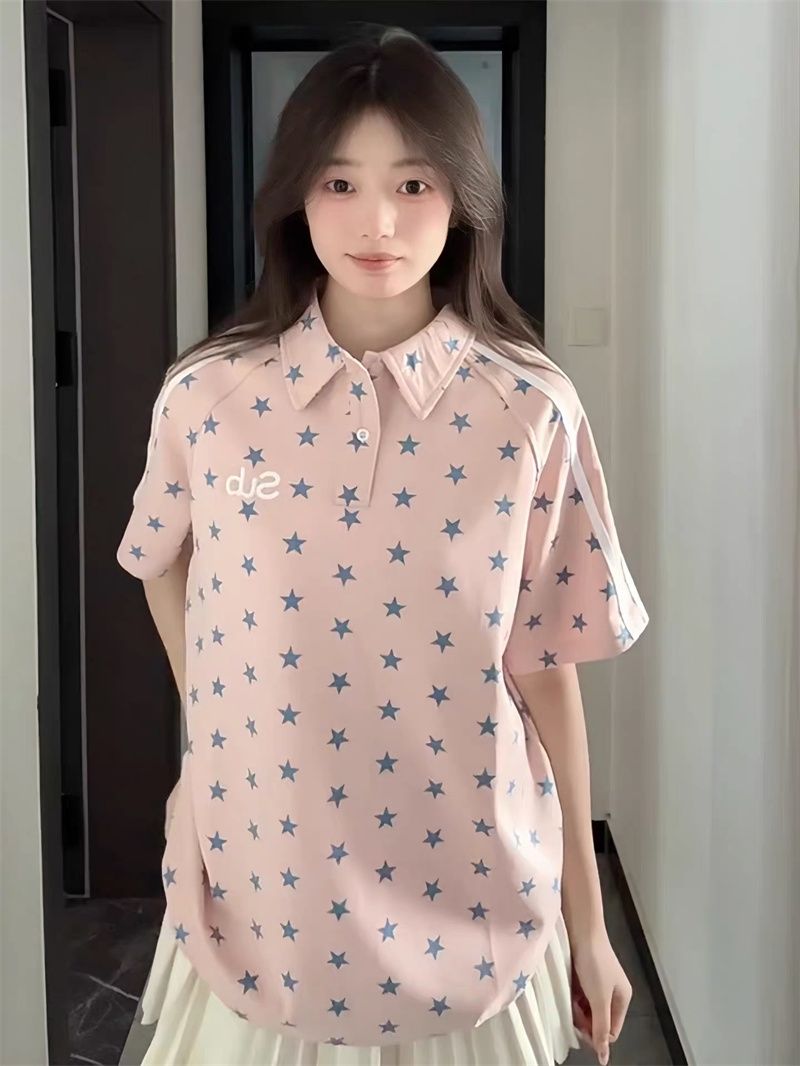 粉色星星印花 Polo 領短袖T恤女夏季韓系休閑風寬松顯瘦百搭上衣