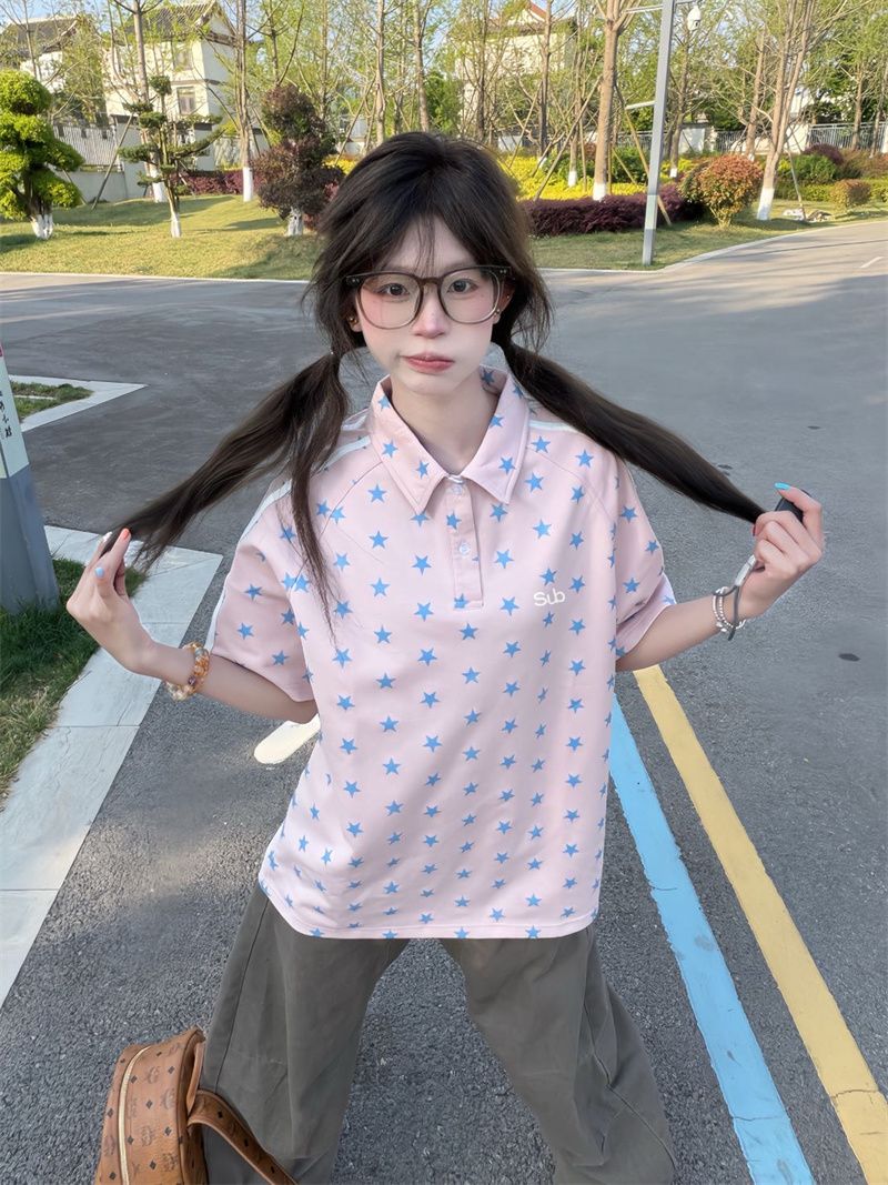 星星印花 Polo 領短袖T恤女夏季韓系休閑風寬松顯瘦百搭上衣