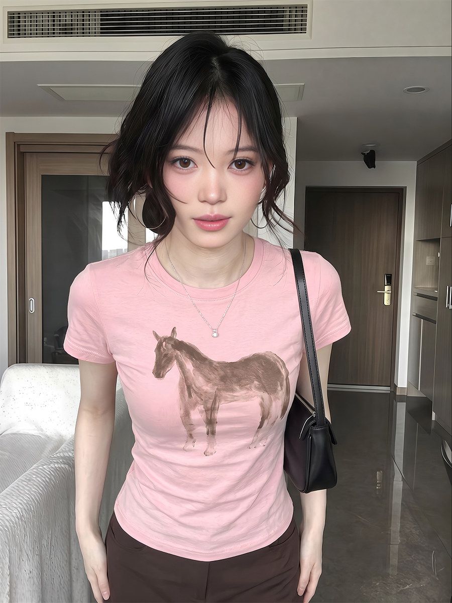 夏季微透粉粉小馬T恤女甜美風休閑百搭時尚減齡短袖薄上衣